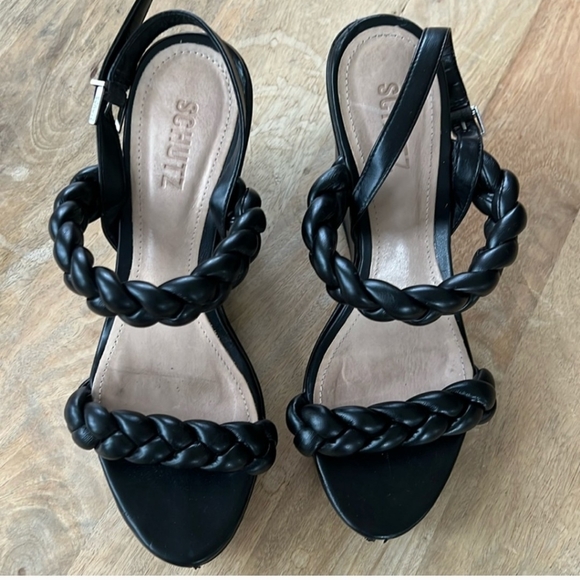 SCHUTZ Black Leather Wedge Sandal Size 9.5 - Picture 2 of 8